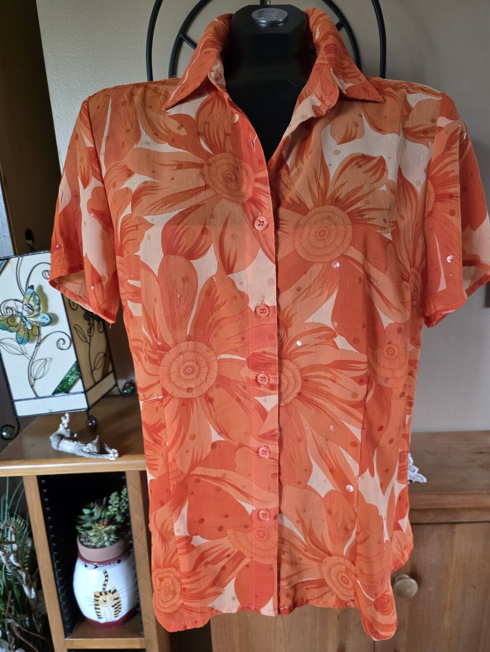 Vintage 90s Y2K Orange Sunflower Floral Short-Sleeve Button-Up Semi-Sheer Blouse